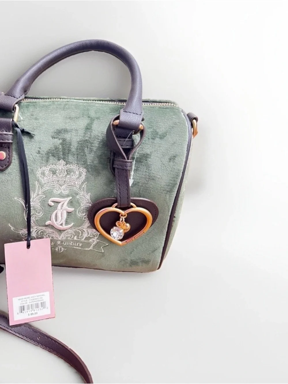 Juicy Couture Green Velvet Satchel with Navy Trim & Heart Charm